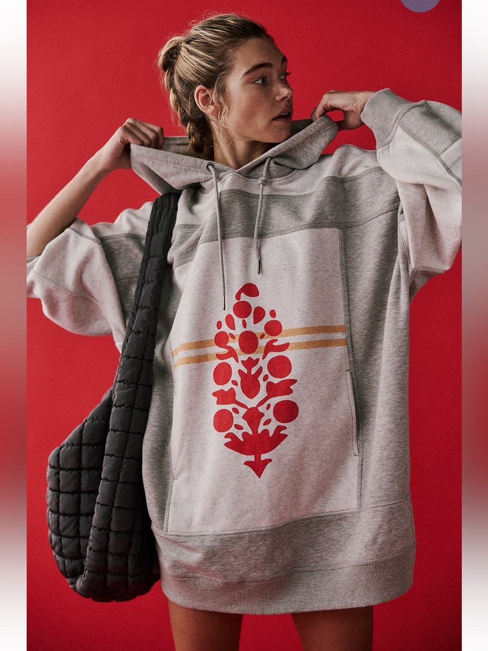 FP Movement by Free People Gray Hoodie with Red Graphic and Gold Stripes